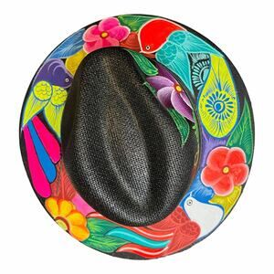 HAT MEXICAN Artisanal Hand Painted Fedora Floral Sombrero Panama Bohemian Black